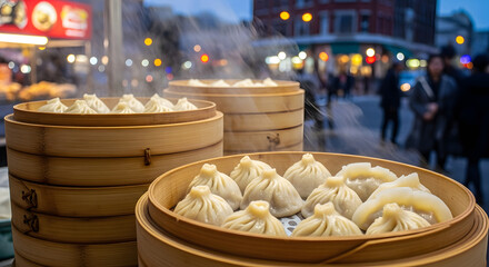 Steaming Baskets of Delicious Dumplings at a Street Food Market.