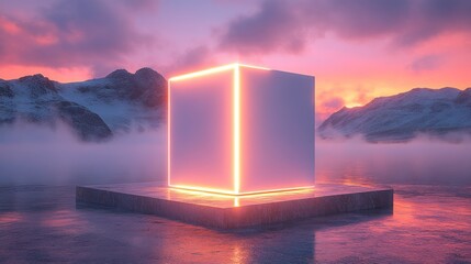 Glowing cube on a platform, snowy mountains