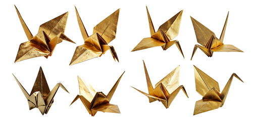 Elegant Golden Origami Cranes in Various Poses for Decoration, Isolated on Transparent, white background