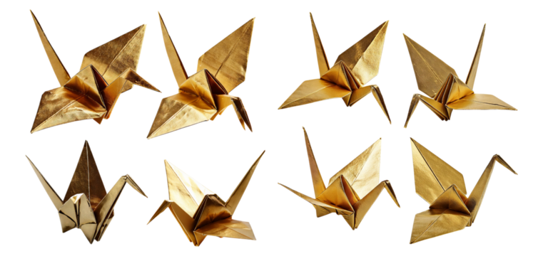 Elegant Golden Origami Cranes in Various Poses for Decoration, Isolated on Transparent, white background