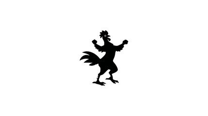Dynamic cartoon rooster black silhouette with wings raised, standing on hind legs, isolated on clean white background