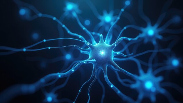 Illuminated digital illustration showcases several neuron-like structures with glowing blue filaments and nodes, appearing against a dark, blurred background that enhances the depth of field,...