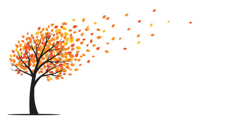 Vector illustration of an autumn tree with orange and yellow leaves blowing off in the wind symbolizing seasonal change and nature.