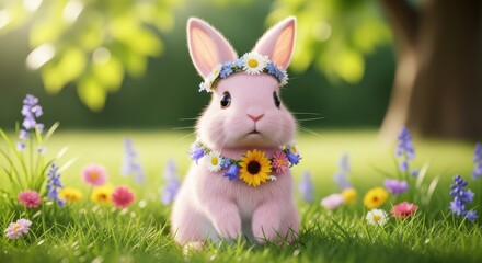Cute pink bunny wearing flower crown sitting in sunny spring garden