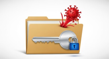 Ransomware attack concept with virus infecting a locked folder and key