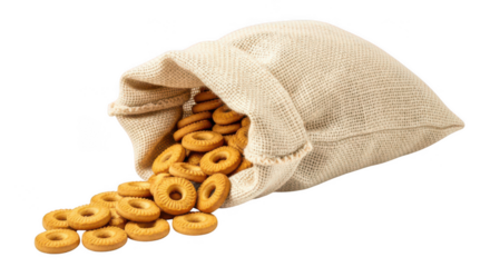 Pretzel snacks spilling out of linen bag in transparent background

