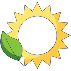 Stylized Yellow Sun with Green Leaf Symbolizing Renewable Energy and Nature on Transparent Background Simple Graphic Design Element