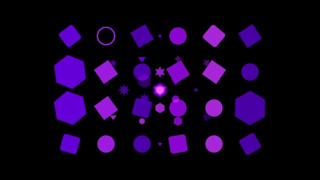 A mesmerizing array of purple geometric shapes dances against a stark black backdrop, creating a visually engaging and dynamic composition of forms