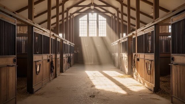 Interior Of A Wooden Horse Stable With Sunlight Beams Shining Through Large Window