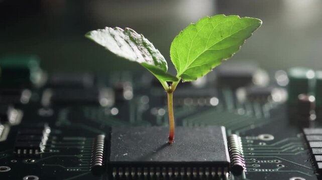 The image shows a small plant growing from a processor on a printed circuit board.