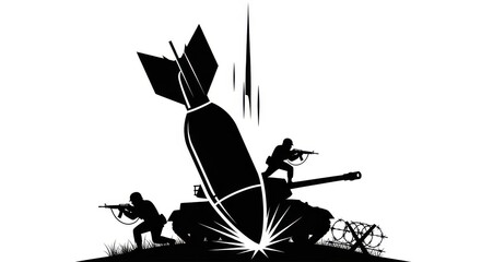 Silhouette of soldiers and tank under falling bomb impact isolated on white background