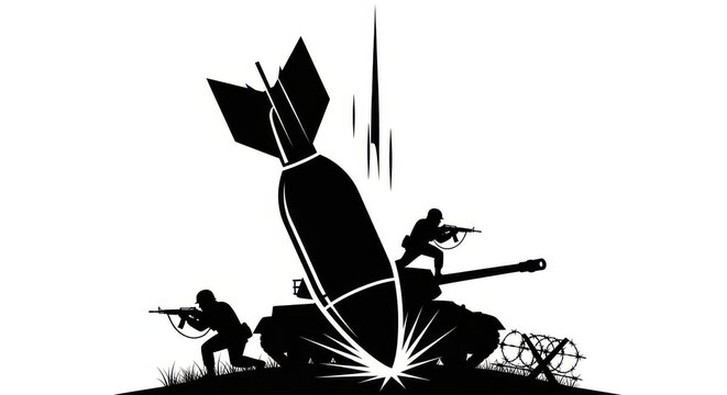 Silhouette of soldiers and tank under falling bomb impact isolated on white background