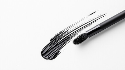 A black mascara wand is shown with a smear of black mascara on a white background.