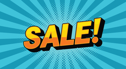 Vibrant comic book style sale banner with bold 3D text and a blue radial background with halftone dots for promotions.