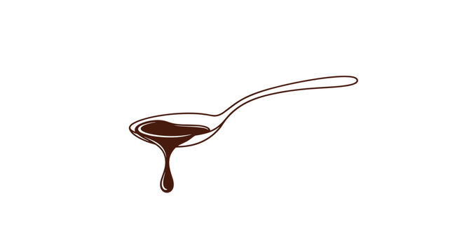 Simple line drawing of a spoon with melted chocolate or syrup dripping off the edge for a sweet dessert-themed concept.