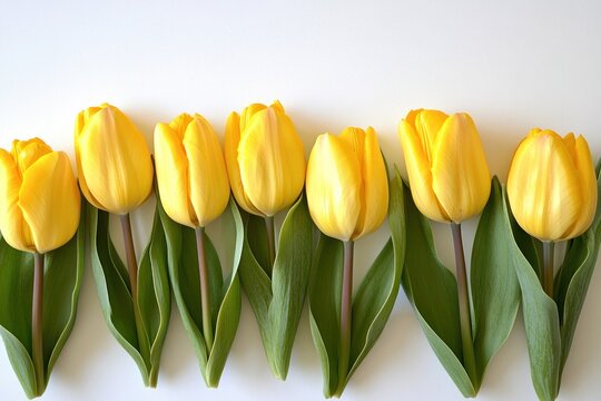 A vibrant yellow tulip is blooming against a backdrop of green leaves, set against a white wall.