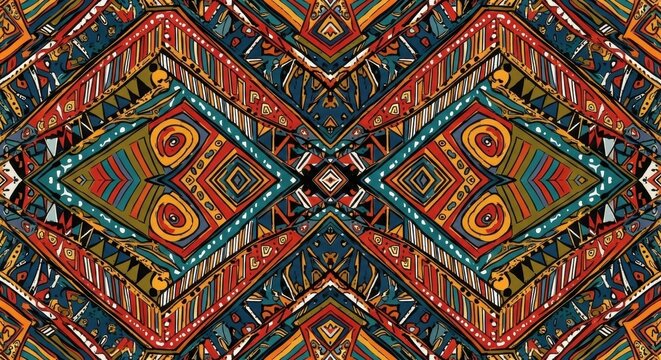Dynamic kaleidoscopic textile design with intricate hand drawn tribal motif composition