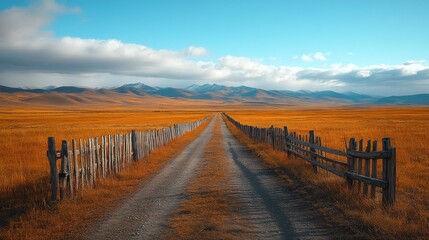 Golden field road, mountains beyond