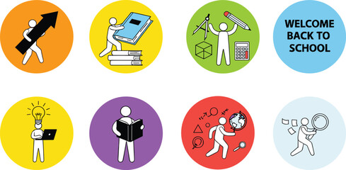 Back to school icon set—circular illustrations of learning, creativity, and academic themes for education visuals