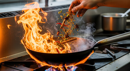 Chef cooking with flames in a pan on a gas stove.