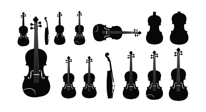 Silhouettes of various stringed instruments including violins and cellos