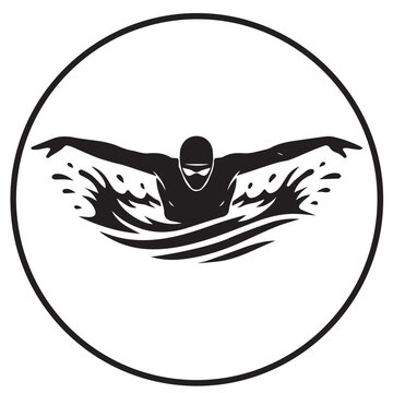 Butterfly Stroke Swimmer Silhouette Vector with Splash.
Black and white vector silhouette of a swimmer performing the butterfly stroke, arms extended, cap and goggles, water splash and waves. Ideal fo