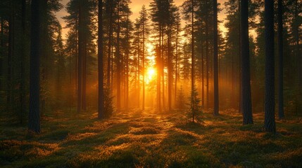Golden sunlight streams through a misty pine forest at sunrise