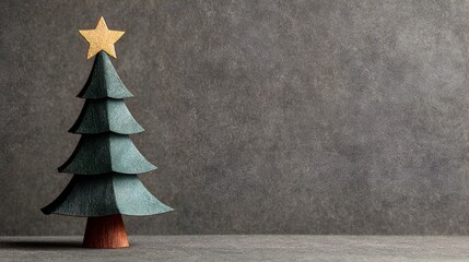 Minimalist Christmas tree decoration made from wood with star on textured background for holiday greeting card design and copy space provided.