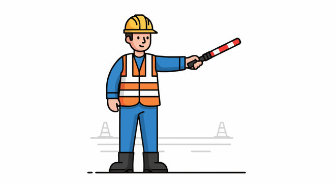 Cartoon construction worker directing traffic with baton flat vector.