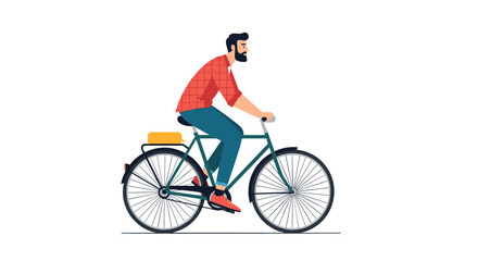 Obraz premium A stylish bearded man in a plaid shirt riding a classic bicycle representing a healthy and eco-friendly urban lifestyle concept.