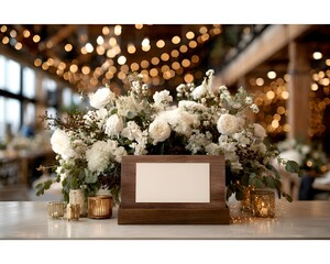 Elegant wedding reception table centerpiece adorned with white roses, candles, and a blank wood frame for customized signage or message card.