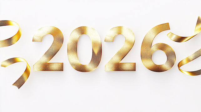 Celebrate a gleaming golden 2026 with shimmering ribbons, perfect for New Year's, invitations, or milestone celebrations for a modern look