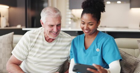 Old man, nurse and selfie on sofa, smile and relax with bonding, memory or retirement in home. People, caregiver and profile picture with photography, post or social network on couch at apartment