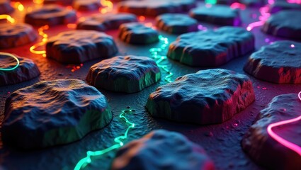 Illuminated, textured rocks are arranged in a pattern on a dark surface, accompanied by glowing, colorful lines.