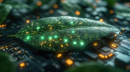 Green leaf on circuit board, glowing