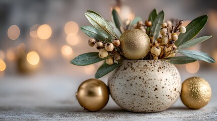 Festive Christmas arrangement features golden ornaments, berries, and leaves in a speckled vase, with bokeh lights in the background adding warmth.
