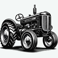 Classic Black and White Farm Tractor Silhouette Vector Illustration