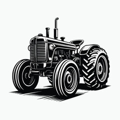 Classic Black and White Farm Tractor Silhouette Vector Illustration