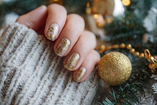 Winter Snowflake Nail Art with Gold Accents and Christmas Decoration