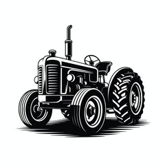 Classic Black and White Farm Tractor Silhouette Vector Illustration