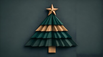 An elegant christmas tree made of folded paper with a star on top is displayed on a grey background in a minimalist fashion and style.