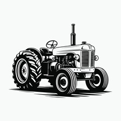 Classic Black and White Farm Tractor Silhouette Vector Illustration