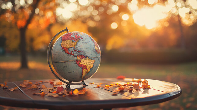 Vintage globe sits on rustic table covered in fallen autumn leaves, bathed in soft golden sunlight evoking travel and adventure dreams - Powered by Adobe