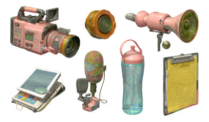 Pink Retro Objects Collection Featuring Camera, Speaker, and Water Bottle