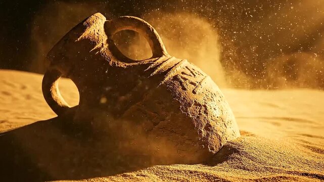 Close up of ancient clay amphora buried in golden desert sand with sparkling dust particles under dramatic light for historical discovery concept