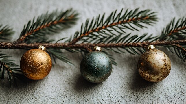 Three holiday ornaments in gold, green, and bronze adorn a green pine bough atop a textured neutral surface creating a festive backdrop.