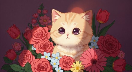 Floral Whispers: A charming cartoon kitten with adorable large eyes, nestles within a vibrant bouquet of roses, daisies, and delicate flowers, surrounded by soft lighting and a warm.