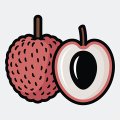 Illustration of Exotic Lychee Fruit with Textured Skin and Juicy Interior showcasing a tropical fruit in both whole and cross section formats for food based designs