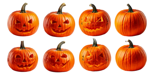Variety of Jack-O-Lanterns for Halloween Decoration and Celebration, Isolated on Transparent, white background