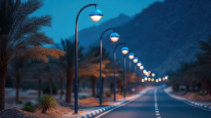 Illuminated road lined with palm trees at dusk